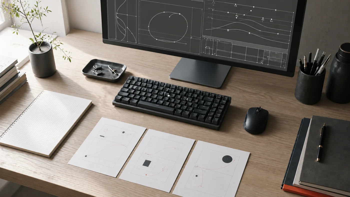 明るい木目のデスクでモーション設計とコーディングを表現した制作風景