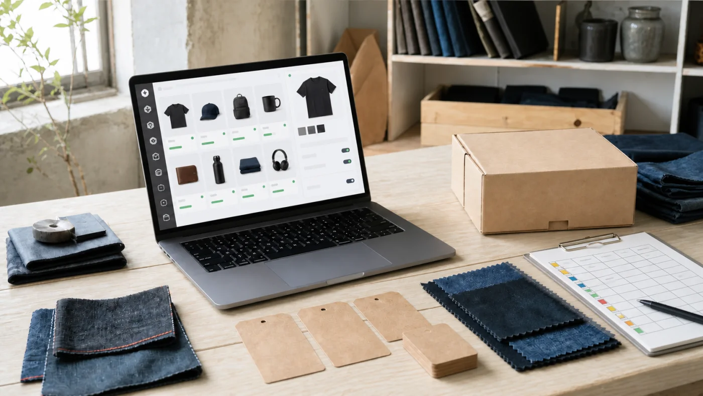明るい木目のデスクでShopifyの商品管理・在庫管理・テーマ構築を表現した制作風景
